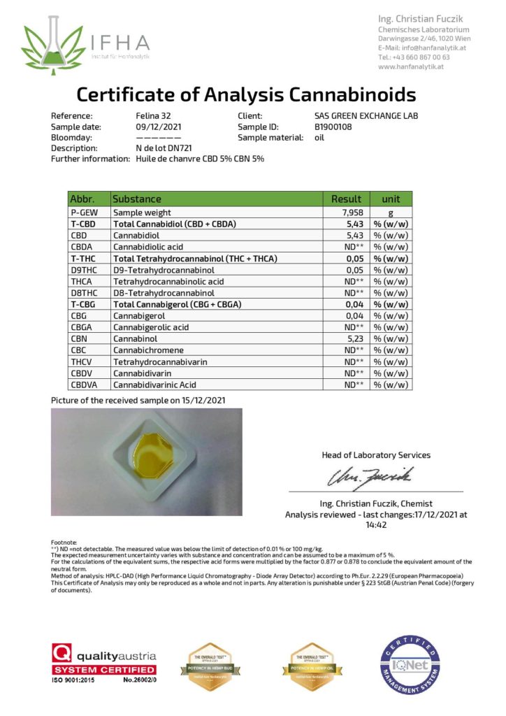 certificat analyse huile cbd cbn nobilis product